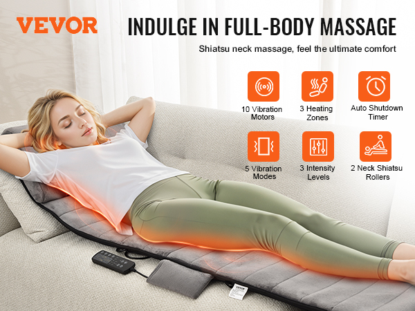 VEVOR full body massage cushion offering 10 vibration motors, 3 heating zones, and 2 neck shiatsu rollers.