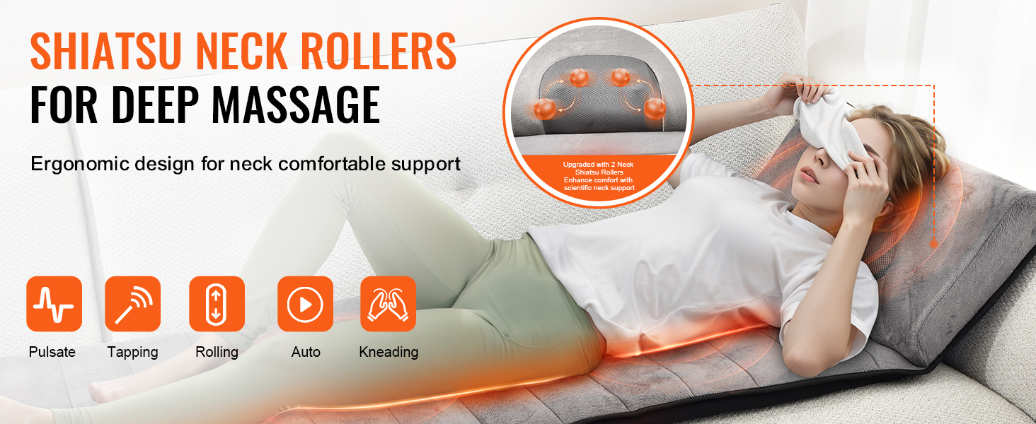 VEVOR full body massage cushion offers shiatsu neck rollers for deep massage and ergonomic neck support.