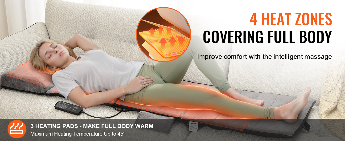VEVOR full body massage cushion with 4 heat zones, 3 heating pads, and intelligent massage system.