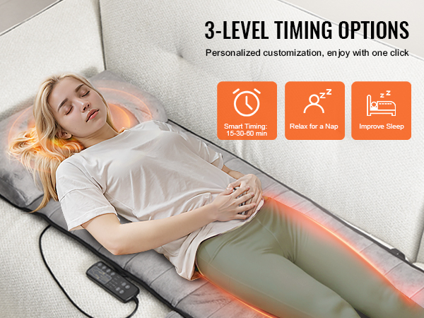 woman using VEVOR full body massage cushion on sofa, highlighting 3-level timing options and sleep benefits.