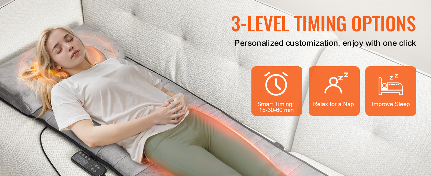 woman using VEVOR full body massage cushion on sofa, highlighting 3-level timing options and sleep benefits.