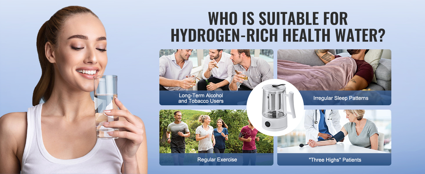 VEVOR hydrogen water pitcher for alcohol users, irregular sleep patterns, and regular exercise.