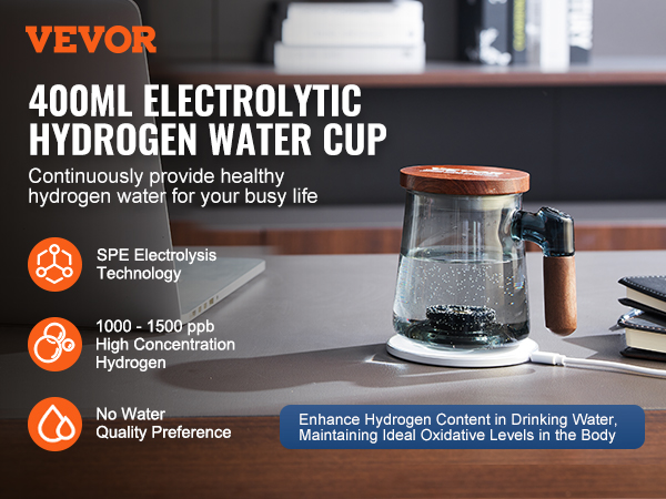 VEVOR ūdeņraža ūdens glāze - 400 ml spe elektrolīze, nav ūdens kvalitātes priekšnoteikumu, 1000-1500 ppb ūdeņraža.