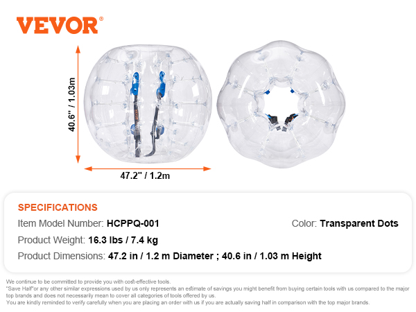 VEVOR inflatable bumper ball with transparent dots, dimensions 47.2x40.6 in, model hcppq-001.