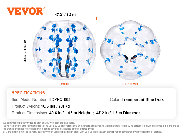 VEVOR inflatable bumper ball with transparent blue dots, 47.2" diameter, 40.6" height.