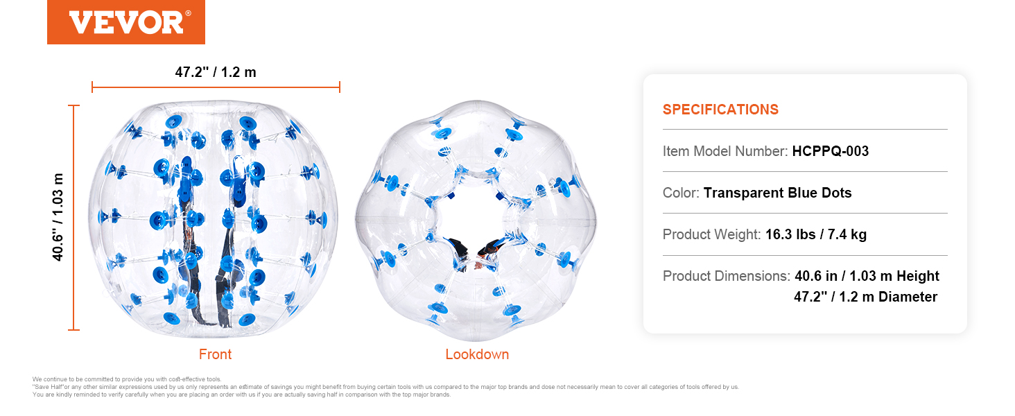 VEVOR inflatable bumper ball with transparent blue dots, 47.2" diameter, 40.6" height.
