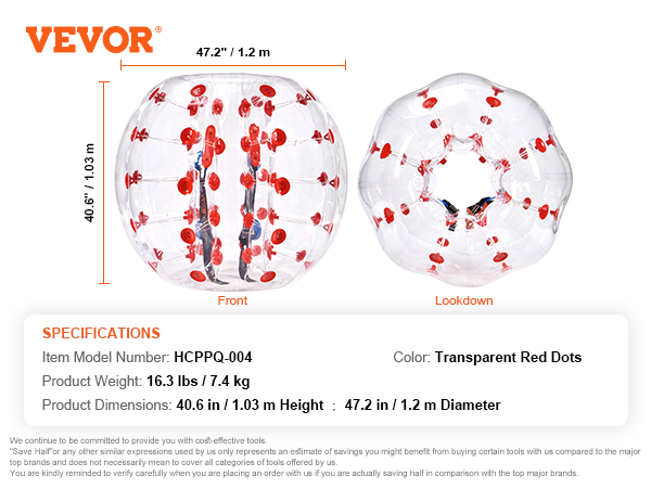 VEVOR inflatable bumper ball with transparent red dots, 47.2" diameter, 40.6" height.