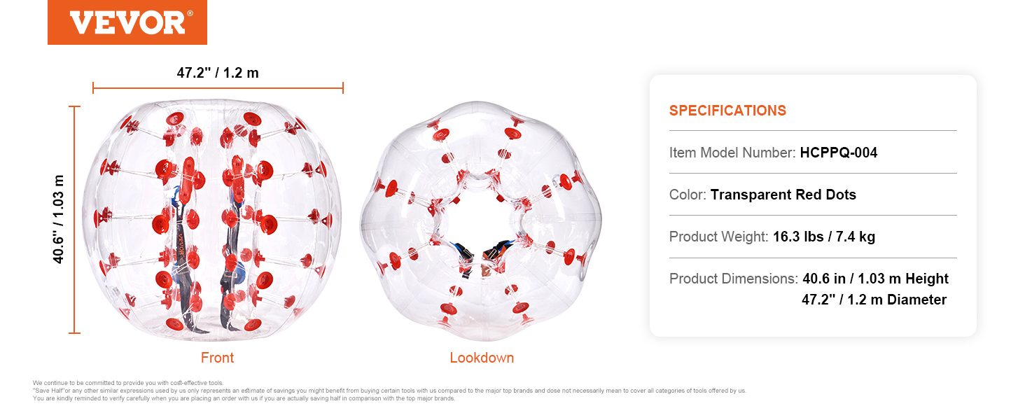 VEVOR inflatable bumper ball with transparent red dots, 47.2" diameter, 40.6" height.