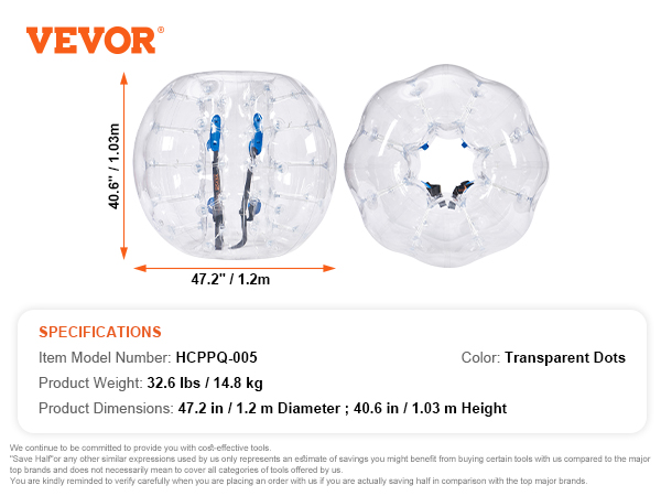 VEVOR inflatable bumper balls in transparent design with straps, 1.2m diameter, and 1.03m height.