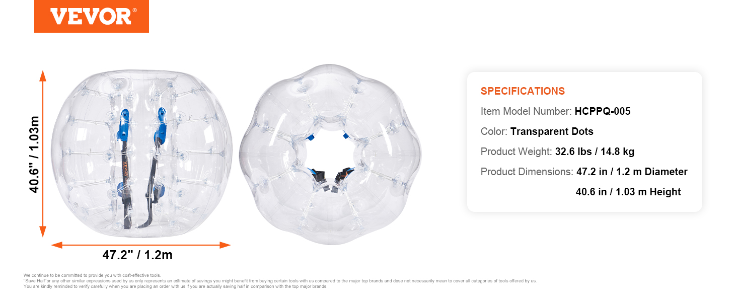 VEVOR inflatable bumper balls in transparent design with straps, 1.2m diameter, and 1.03m height.