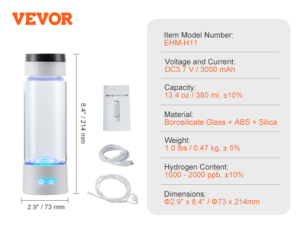 VEVOR hydrogen water bottle with nasal tube, usb cable, base, lid, user manual, and specifications.