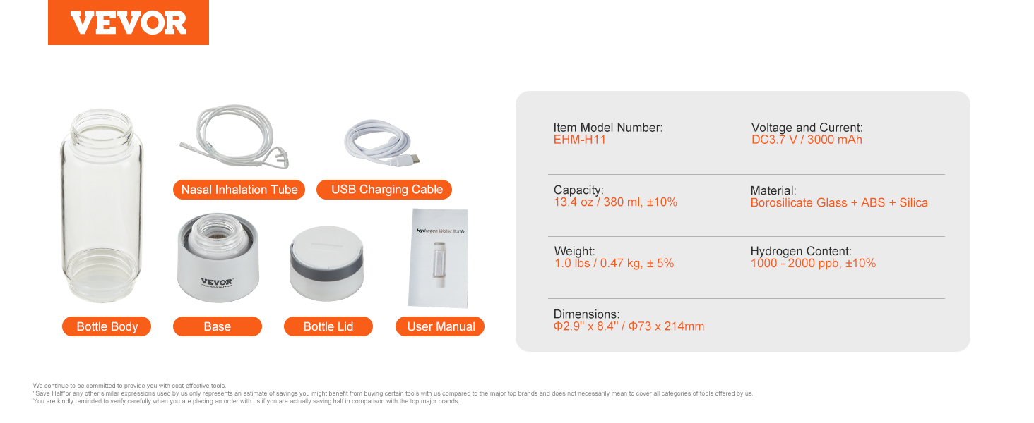 VEVOR hydrogen water bottle with nasal tube, usb cable, base, lid, user manual, and specifications.