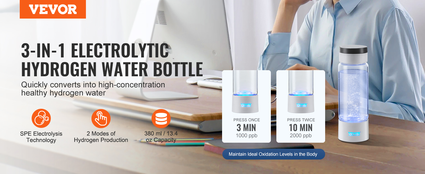 VEVOR hydrogen water bottle 3-in-1, 380 ml capacity, spe electrolysis, 2 hydrogen production modes.