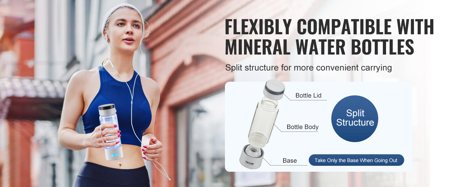 woman with headphones and a VEVOR hydrogen water bottle, demonstrating bottle's split structure and convenience.