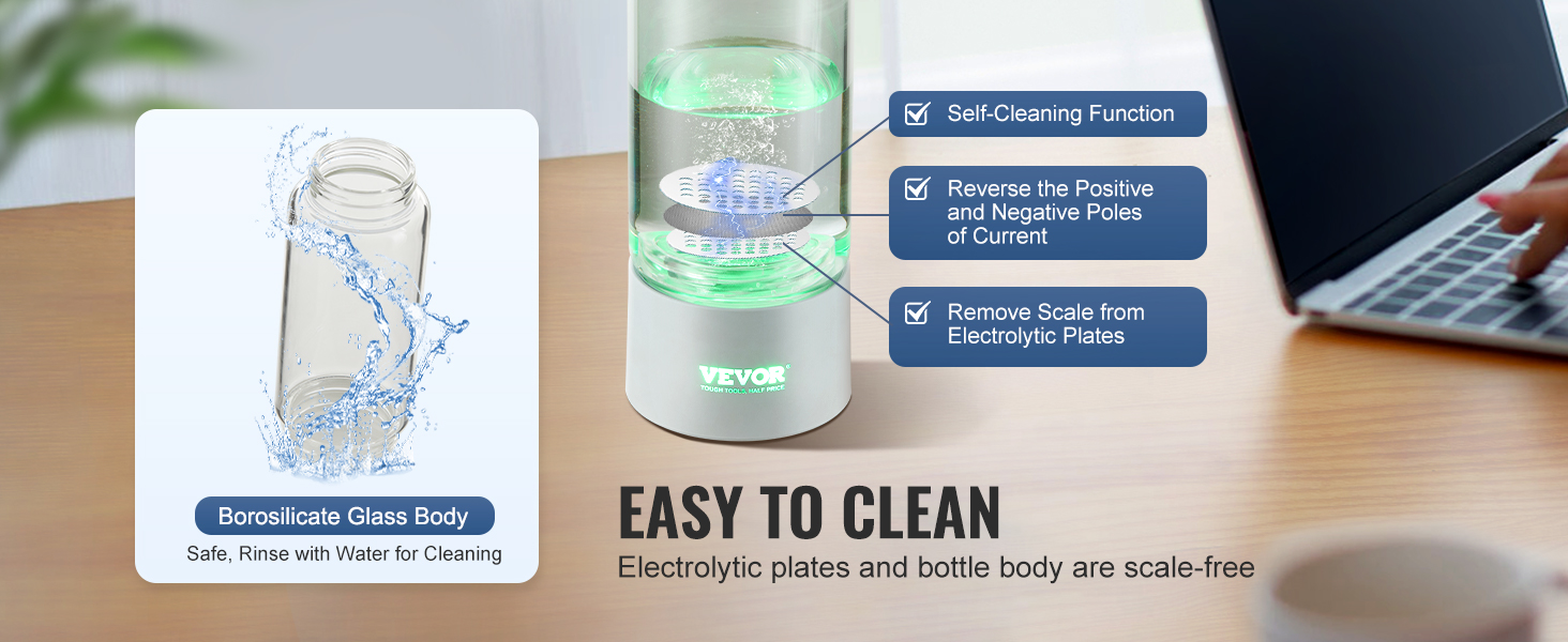 VEVOR hydrogen water bottle with borosilicate glass body, self-cleaning function, and scale-free technology.