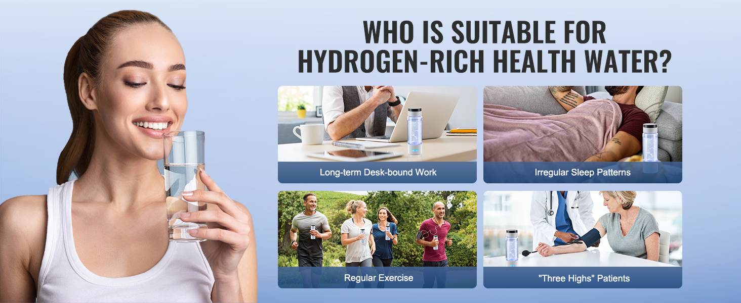 VEVOR hydrogen water bottle benefits for desk-bound work, irregular sleep, exercise, and high-risk patients.
