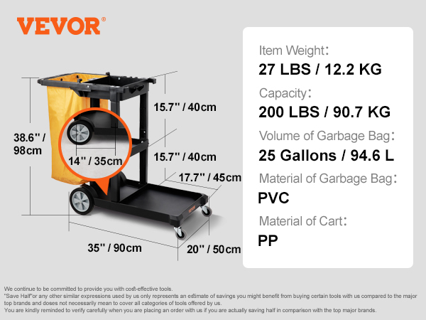 VEVOR tīrīšanas ratiņi, 27 lbs, 200 lbs ietilpība, 25 galonu maiss, 47 "x20 "x38,6", pp un pvc materiāli.