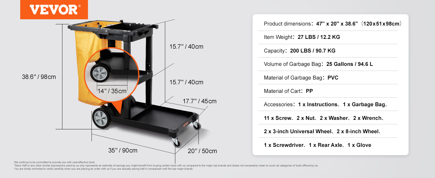 VEVOR tīrīšanas ratiņi, 27 lbs, 200 lbs ietilpība, 25 galonu maiss, 47 "x20 "x38,6", pp un pvc materiāli.