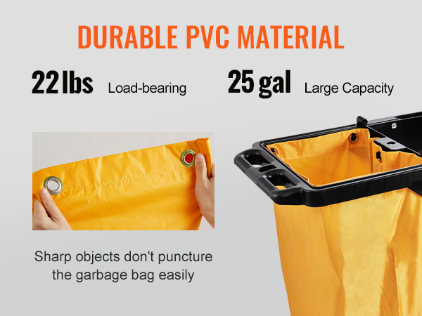 tvirtos pvc medžiagos VEVOR valymo vežimėlis su 25-gal gebėjimus, 22-lb apkrova-guolis, ir dūriams atsparios maišelį.