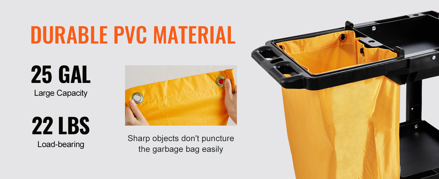 tvirtos pvc medžiagos VEVOR valymo vežimėlis su 25-gal gebėjimus, 22-lb apkrova-guolis, ir dūriams atsparios maišelį.