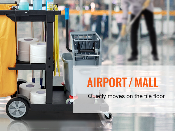 VEVOR valymo krepšelį iš oro uosto/mall, įrengta prekes ir mop kibiras, juda blizgios grindų plytelių.