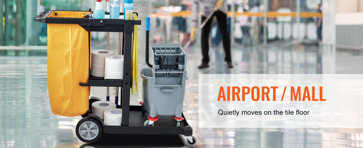 VEVOR valymo krepšelį iš oro uosto/mall, įrengta prekes ir mop kibiras, juda blizgios grindų plytelių.