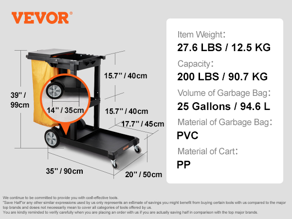 VEVOR janitorial cart with 25-gallon pvc bag, 200 lbs capacity, and accessory kit. dimensions: 47"x20"x39".