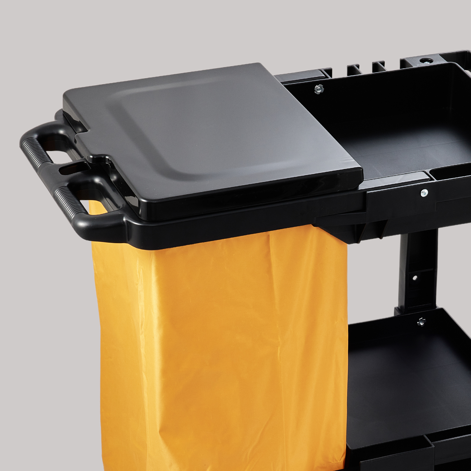 top-view of a VEVOR janitorial cart with yellow waste bag, black handle, and storage compartments.