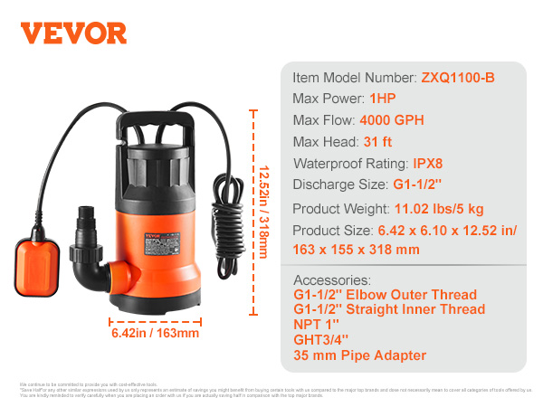 VEVOR utility pump zxq1100-b with 1 hp power, 4000 gph flow rate, ipx8 waterproof, and 31 ft max head.