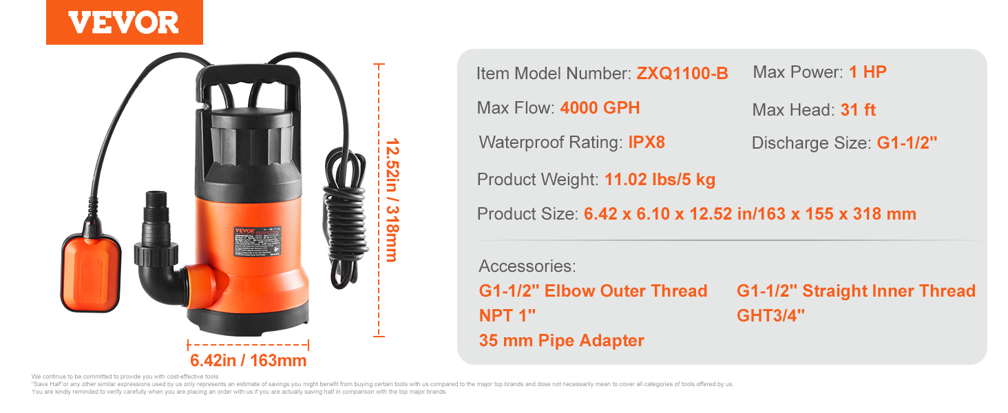 VEVOR utility pump zxq1100-b with 1 hp power, 4000 gph flow rate, ipx8 waterproof, and 31 ft max head.