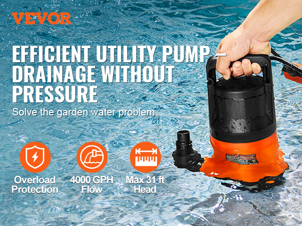 VEVOR utility pump in pool showcasing overload protection, 4000 gph flow, and max 31 ft head.