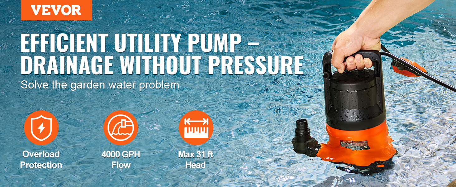 VEVOR utility pump in pool showcasing overload protection, 4000 gph flow, and max 31 ft head.