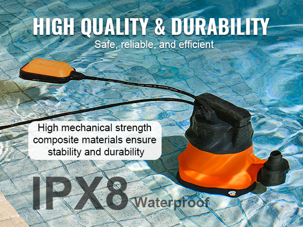 VEVOR utility pump in a pool, showcasing high quality, durability, and ipx8 waterproof rating.