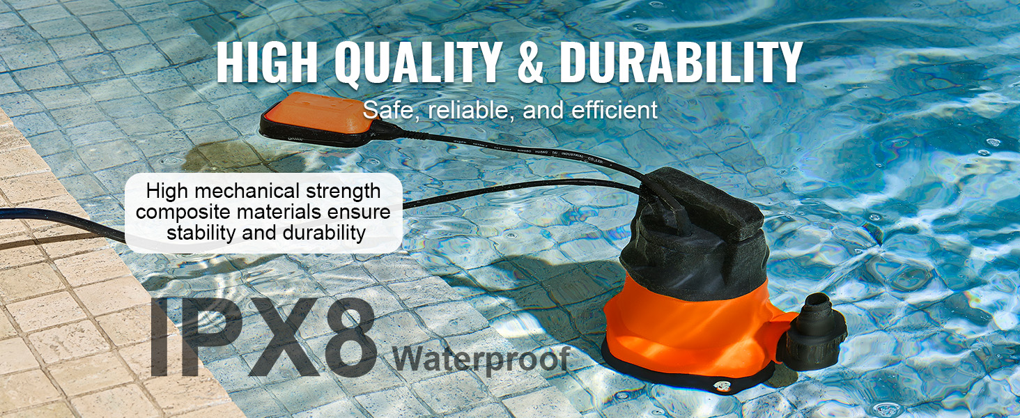 VEVOR utility pump in a pool, showcasing high quality, durability, and ipx8 waterproof rating.