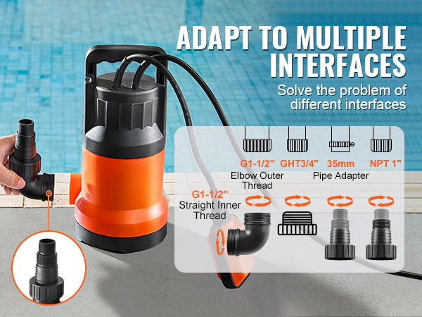 VEVOR utility pump showing multiple pipe adapters for various interfaces by a pool.