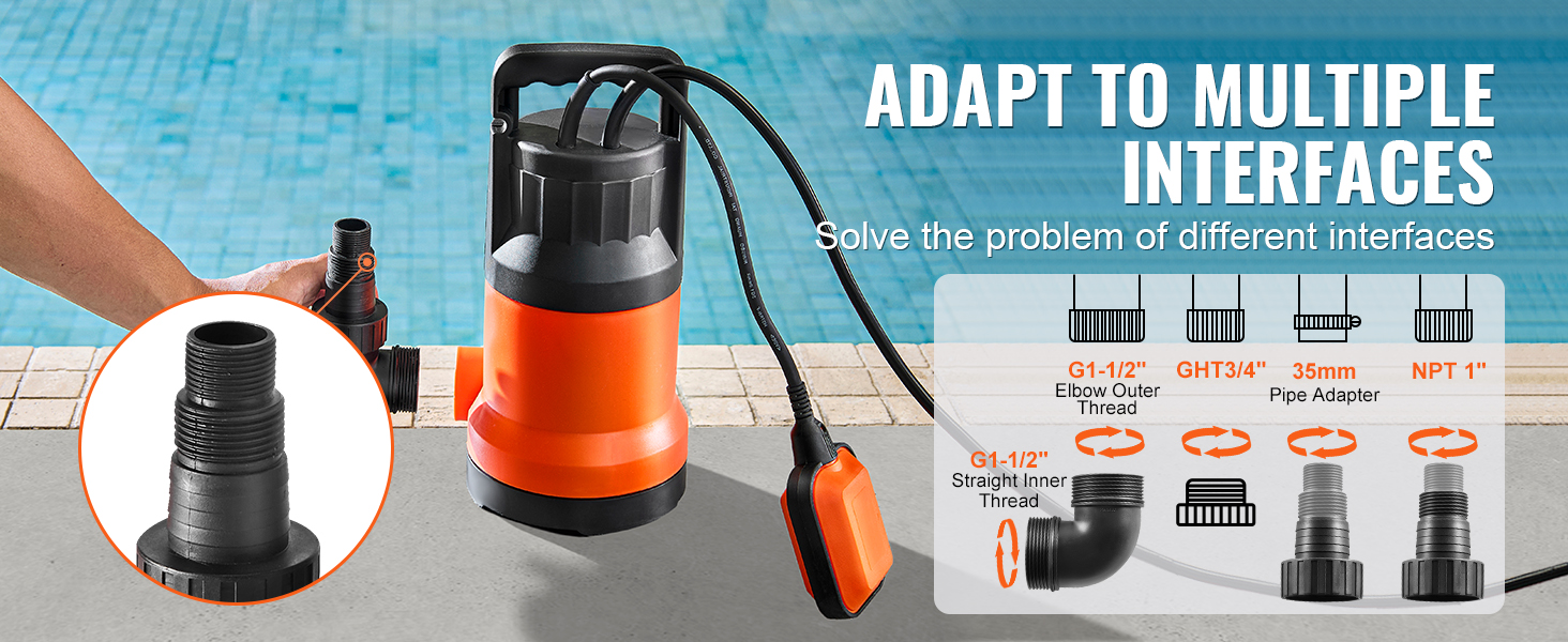 VEVOR utility pump showing multiple pipe adapters for various interfaces by a pool.