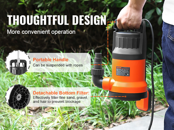 VEVOR utility pump with portable handle and detachable bottom filter for effective sand and gravel filtration.