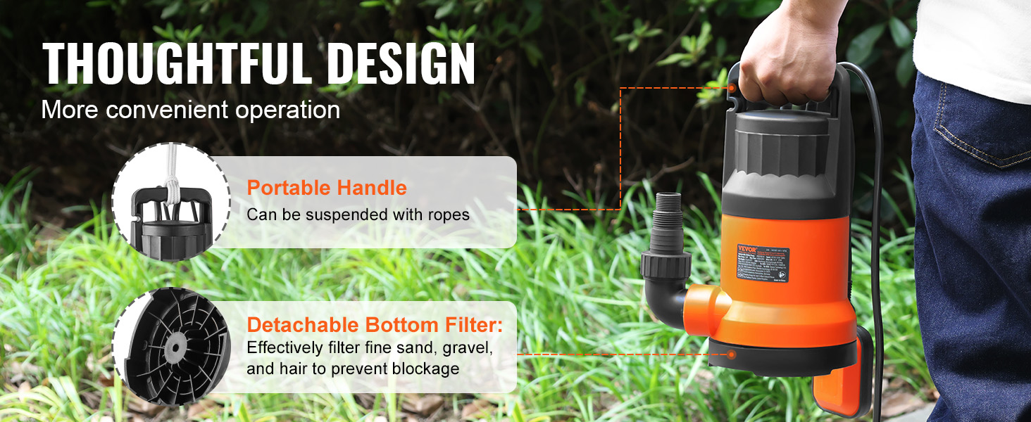 VEVOR utility pump with portable handle and detachable bottom filter for effective sand and gravel filtration.