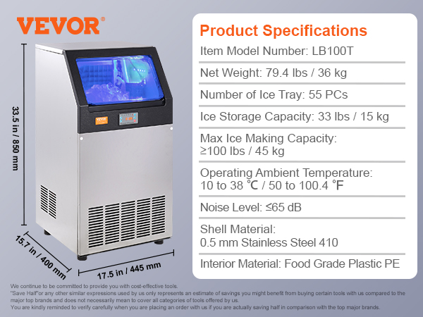 VEVOR commercial ice maker specs: lb100t, 100 lbs/day, 33 lbs storage, 0.5mm stainless steel, with accessories.