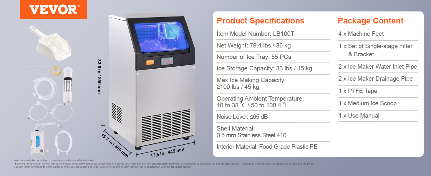 VEVOR commercial ice maker specs: lb100t, 100 lbs/day, 33 lbs storage, 0.5mm stainless steel, with accessories.