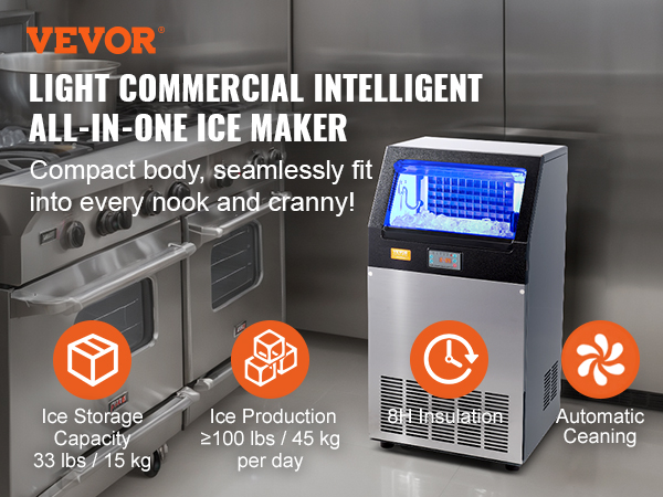VEVOR commercial ice maker in a modern kitchen, efficient, compact design, with automatic cleaning and large production capacity.