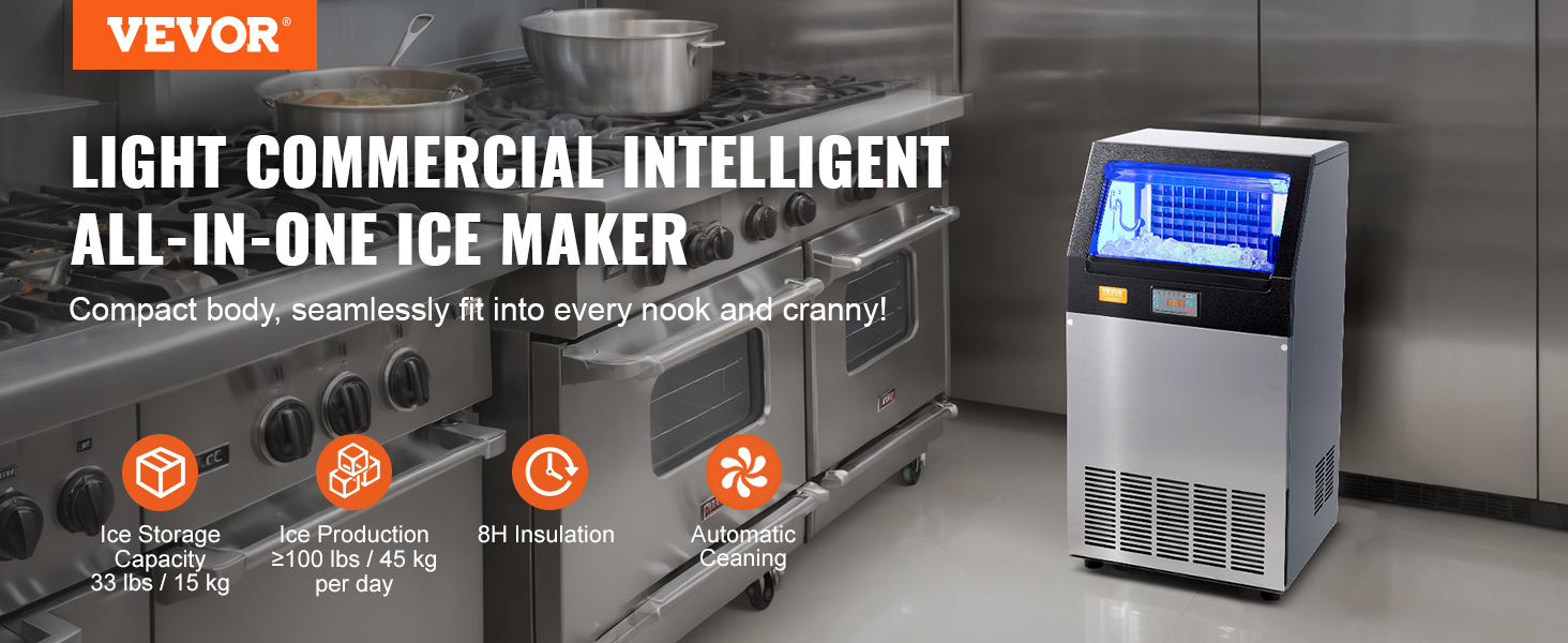VEVOR commercial ice maker in a modern kitchen, efficient, compact design, with automatic cleaning and large production capacity.