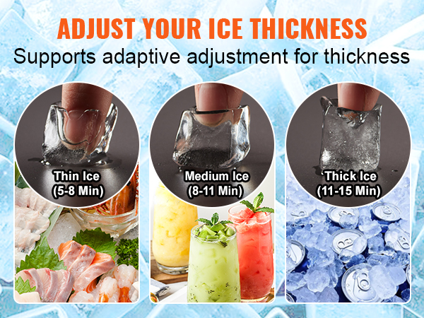 VEVOR commercial ice maker with 55 ice trays. adjust ice thickness for thin, medium, and thick ice.