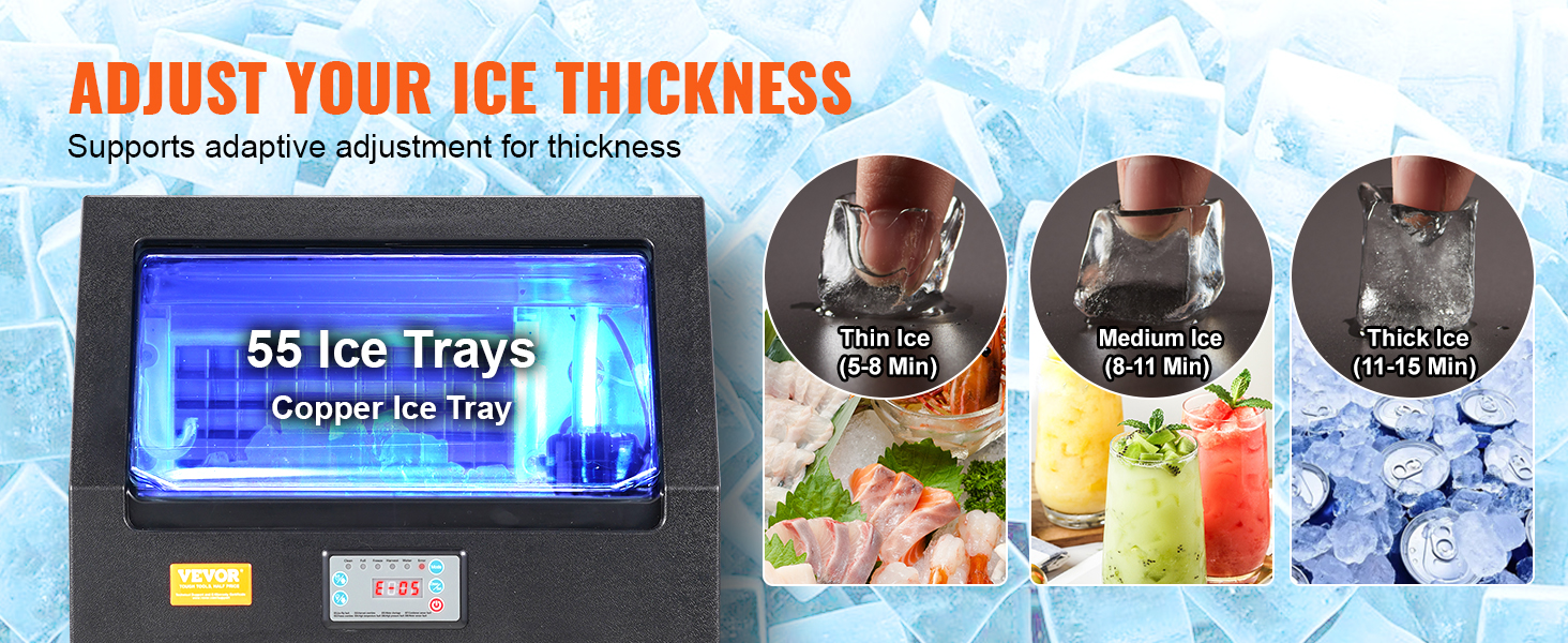 VEVOR commercial ice maker with 55 ice trays. adjust ice thickness for thin, medium, and thick ice.