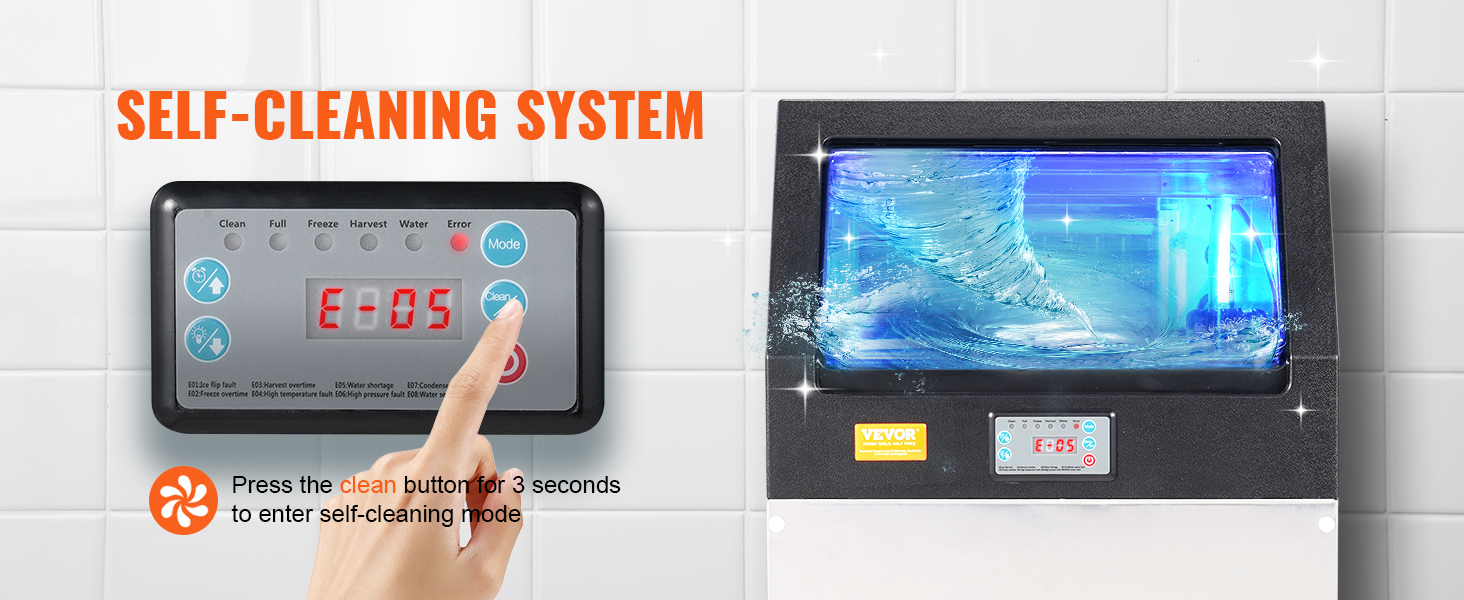 VEVOR commercial ice maker's self-cleaning system with clean button and display panel in action.