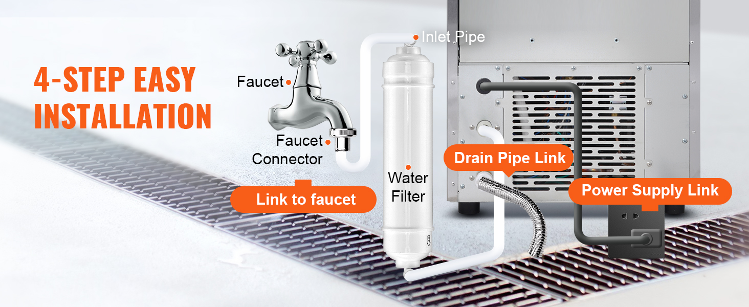 4-step installation guide for the VEVOR commercial ice maker showcasing faucet, filter, and connections.