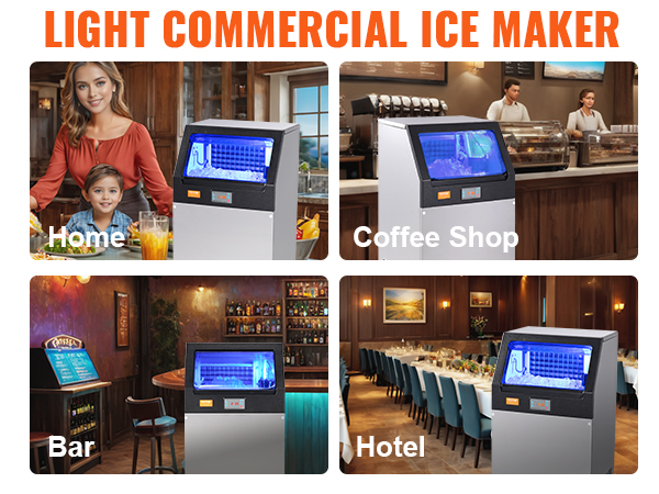 VEVOR commercial ice maker in home, coffee shop, bar, hotel, and drink shop settings, with ice storage.