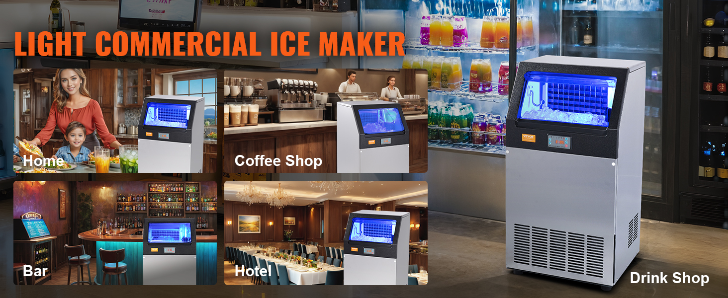 VEVOR commercial ice maker in home, coffee shop, bar, hotel, and drink shop settings, with ice storage.