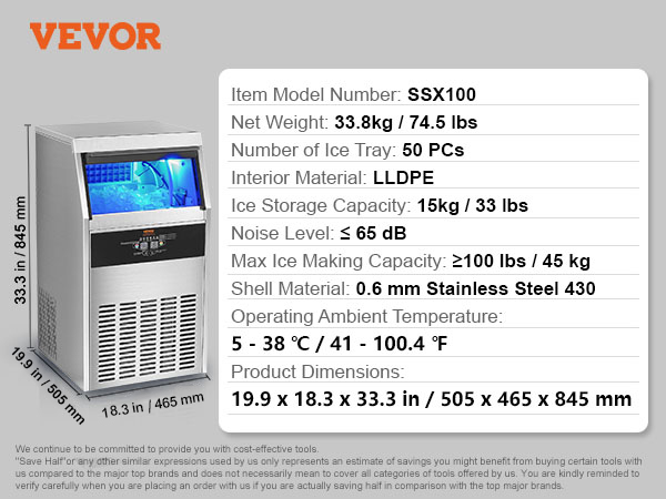 VEVOR commercial ice maker, model ssx100, stainless steel, 15kg storage, 33.3in x 19.9in x 18.3in dimensions.
