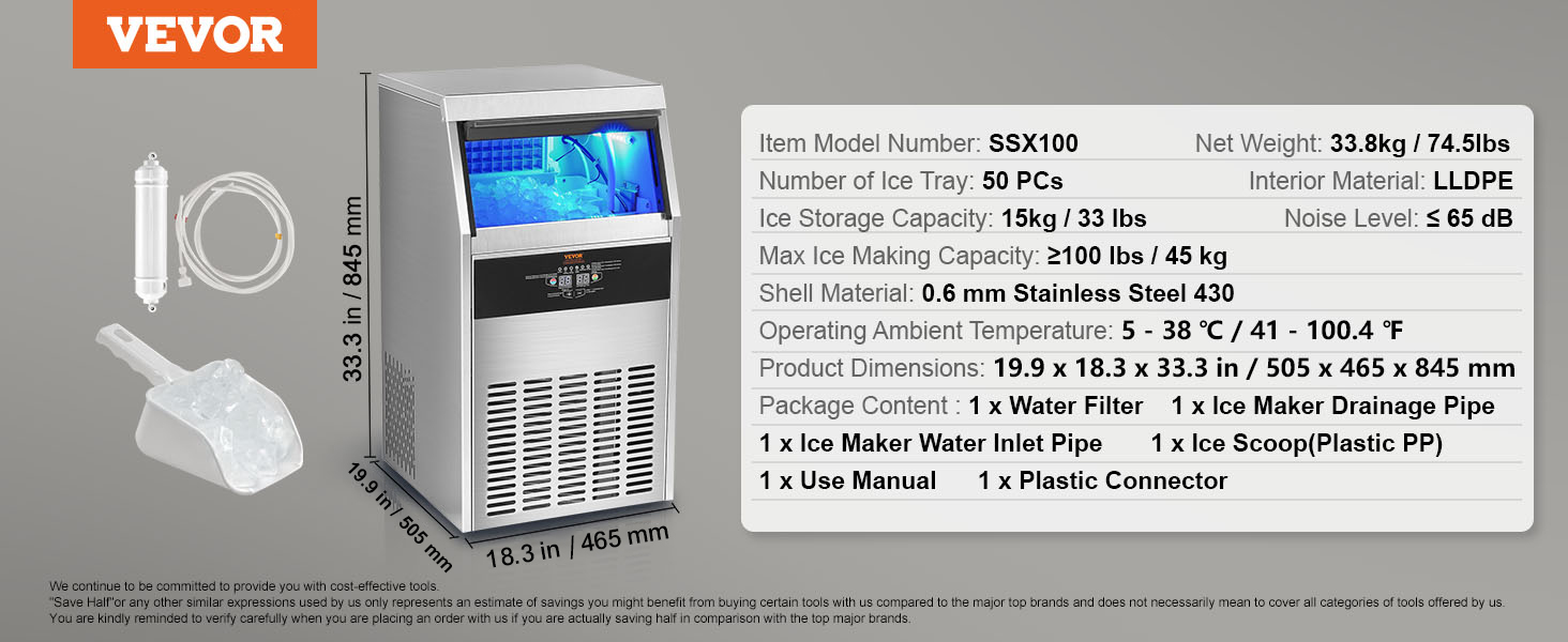 VEVOR commercial ice maker, model ssx100, stainless steel, 15kg storage, 33.3in x 19.9in x 18.3in dimensions.